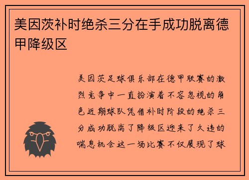 美因茨补时绝杀三分在手成功脱离德甲降级区