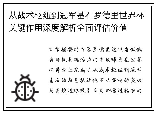从战术枢纽到冠军基石罗德里世界杯关键作用深度解析全面评估价值